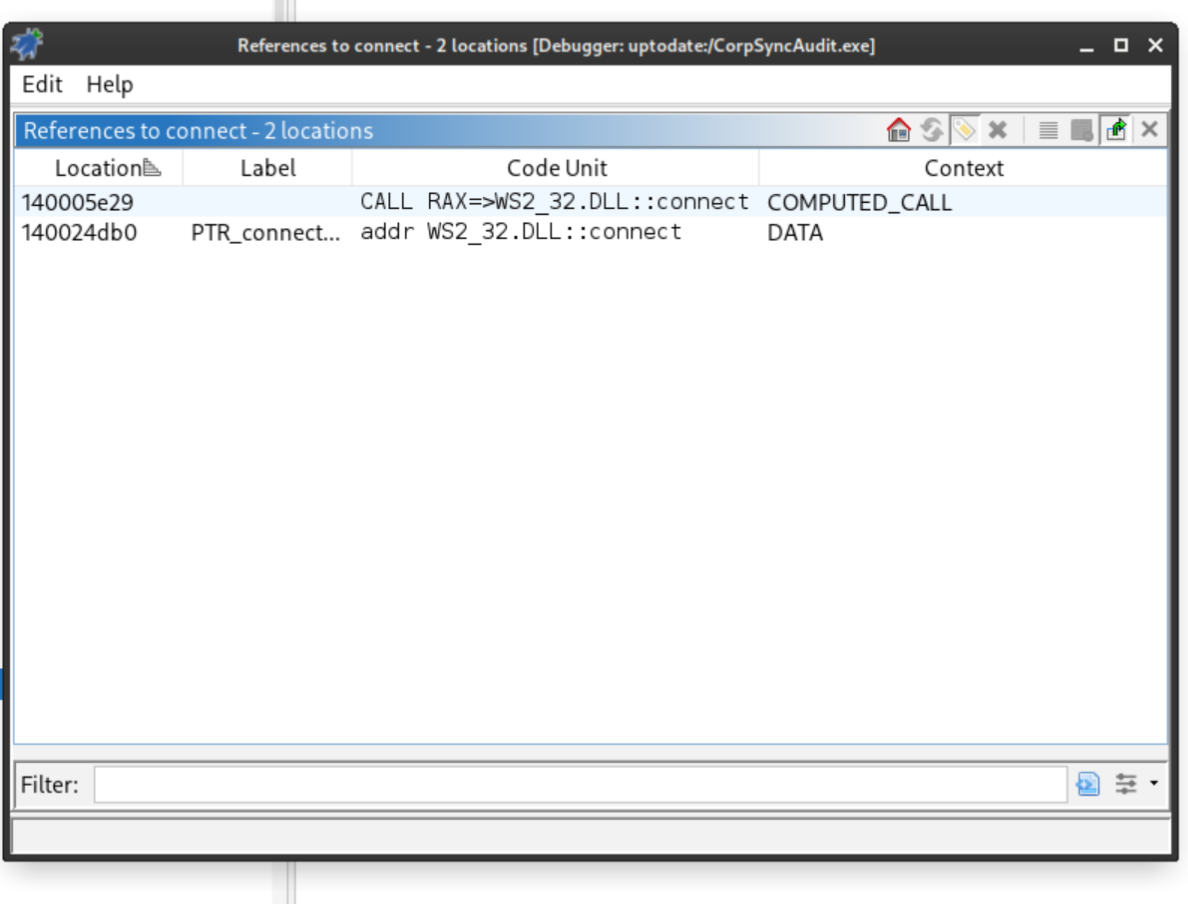 Ghidra decompiler showing socket creation and connect call site